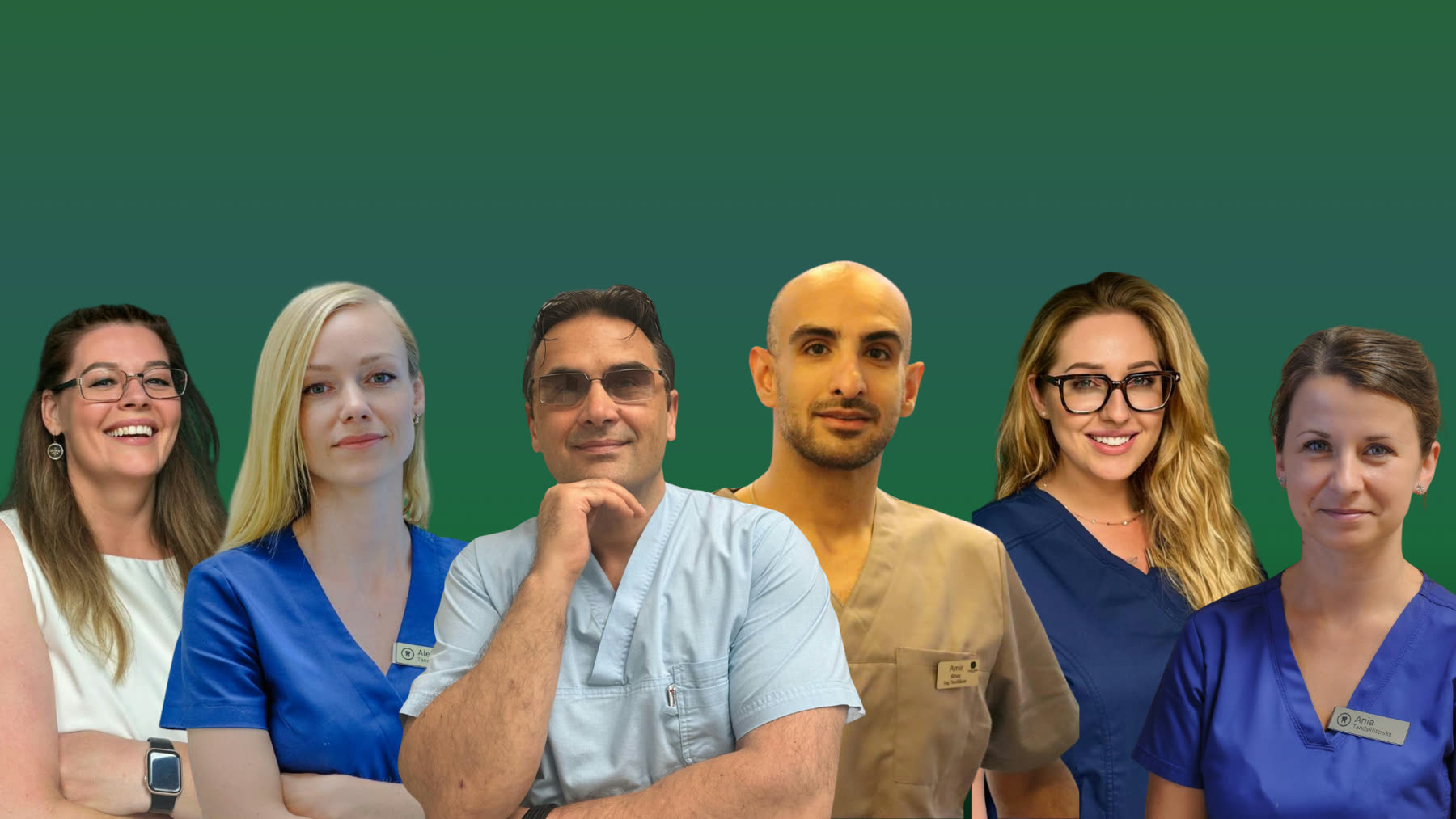 Teamet på Klöver Tandvård: tandläkare, tandhygienist, tandsköterska och receptionist samlade framför en grön vägg